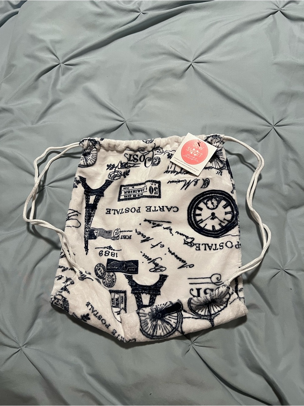 Kids White & Navy Vintage Script Drawstring Backpack